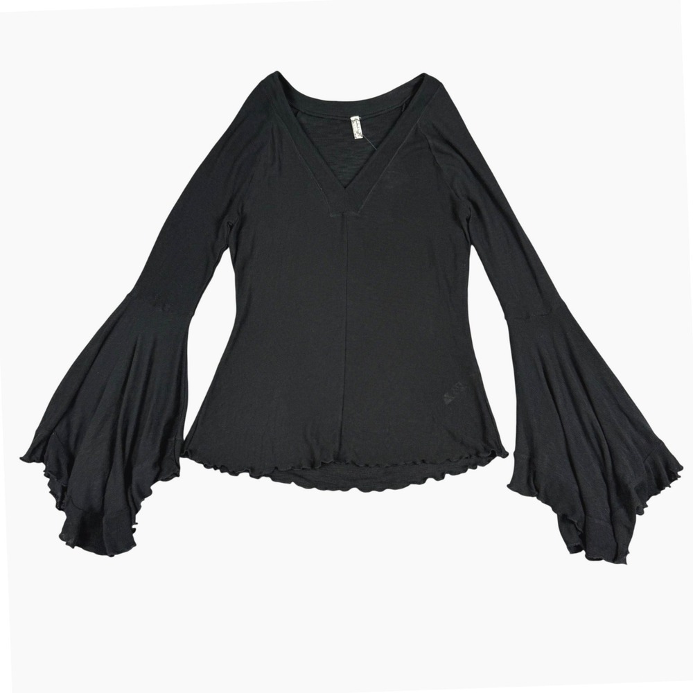 Free People Intimately Black Bell Sleeve V Neck Top Size L Boho Ruffle Hem